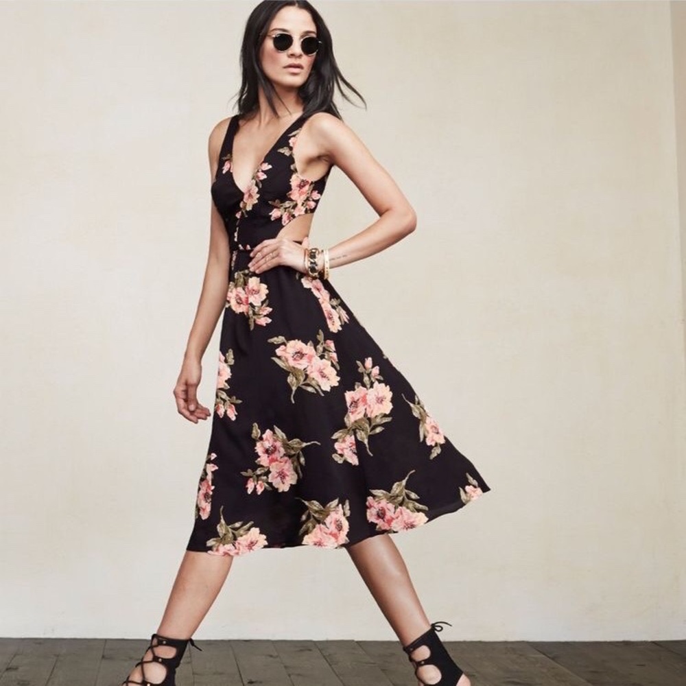 Reformation Black Floral Dress with Cut Outs and a Tie Back